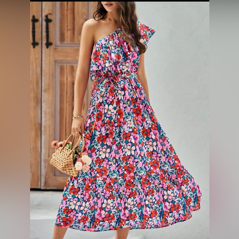 BTFBM Allover‎ Floral Print One Shoulder Ruffle Trim Belted Dress